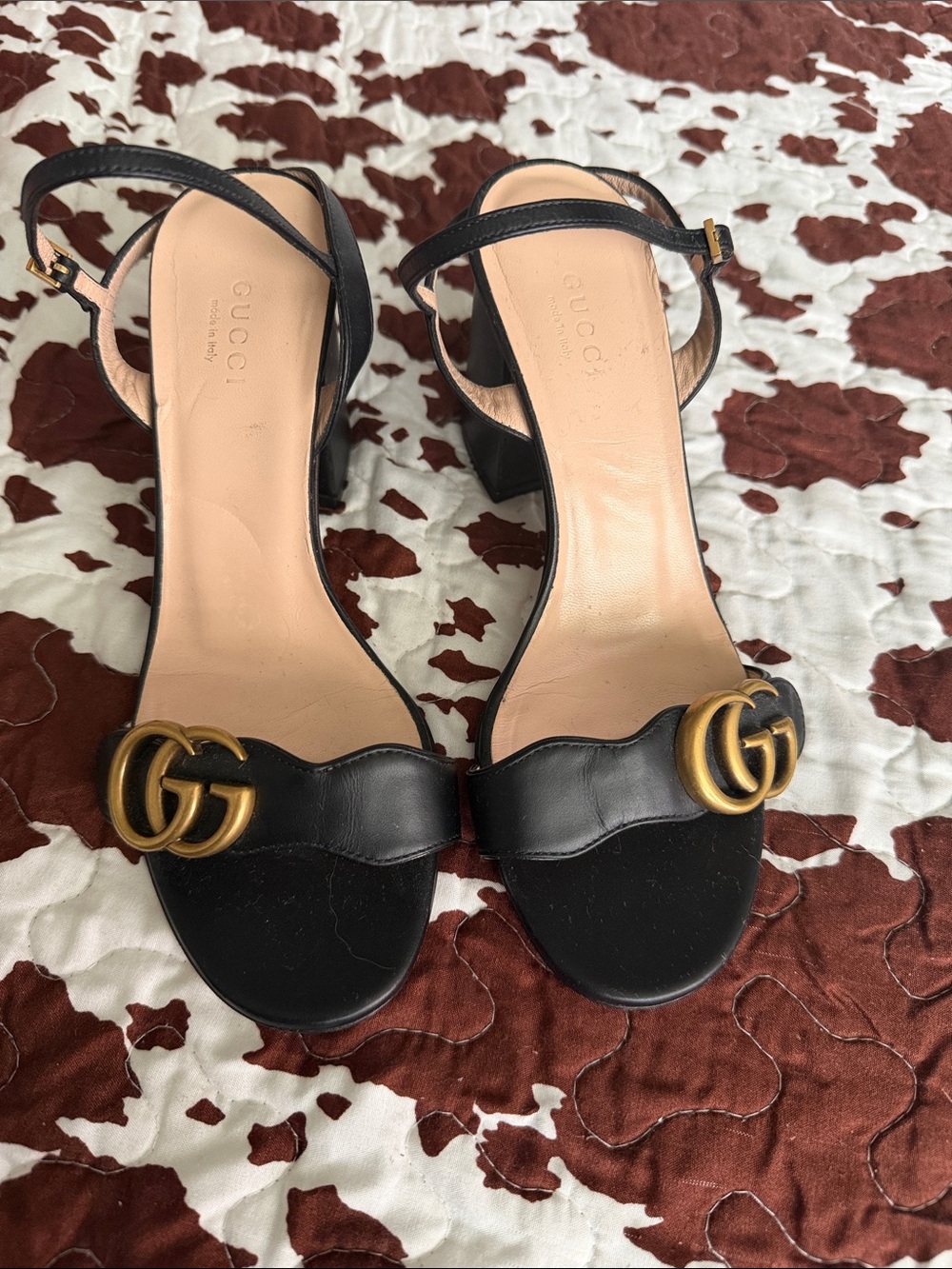 Gucci Black Leather Open-Toe Heels with Gold GG Logo